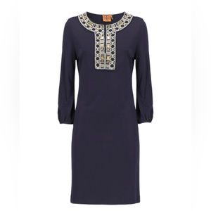 Tory Burch Longuette Shift Dress Size XS Navy Embellished Neckline